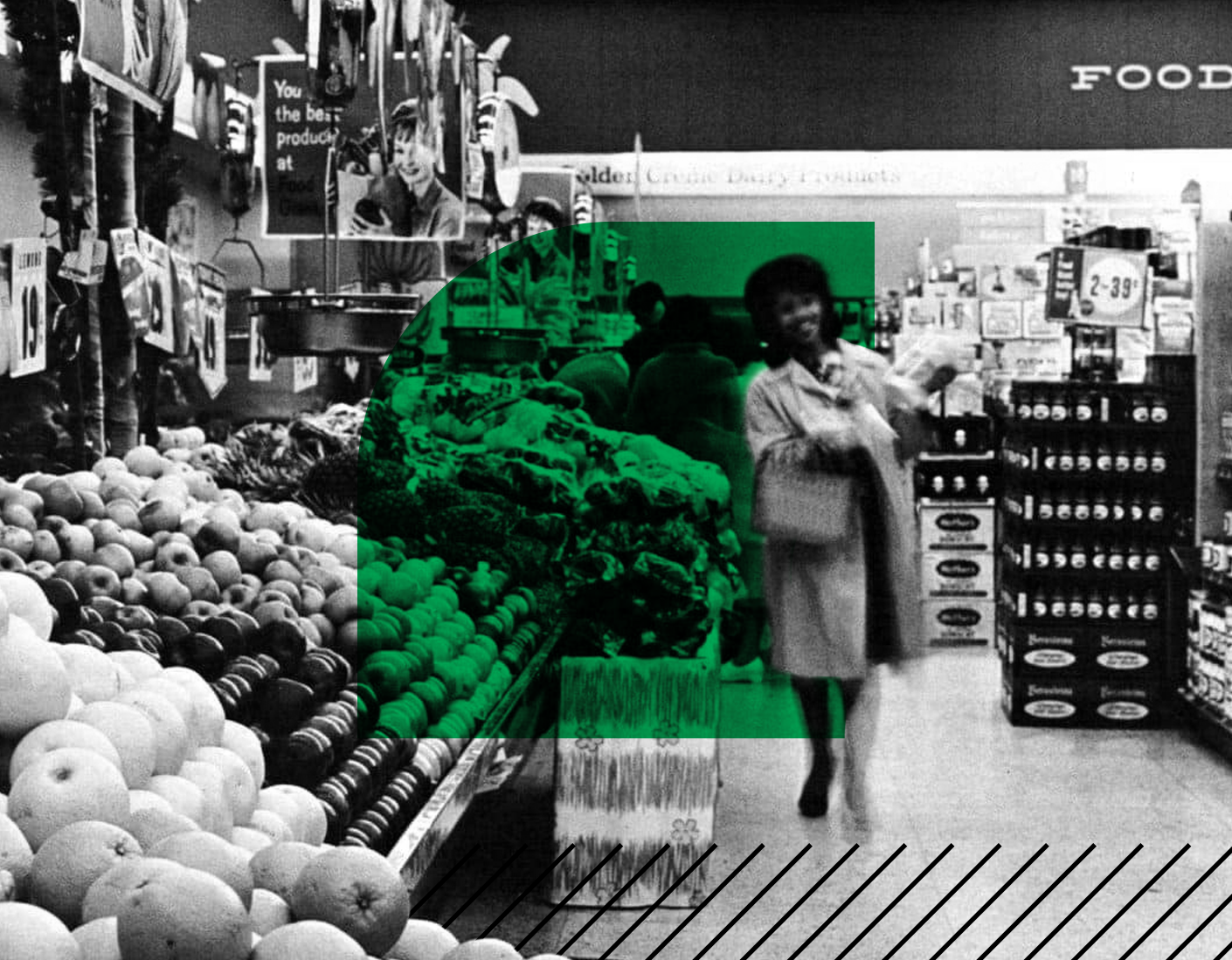 a vintage image of a woman in supermarket