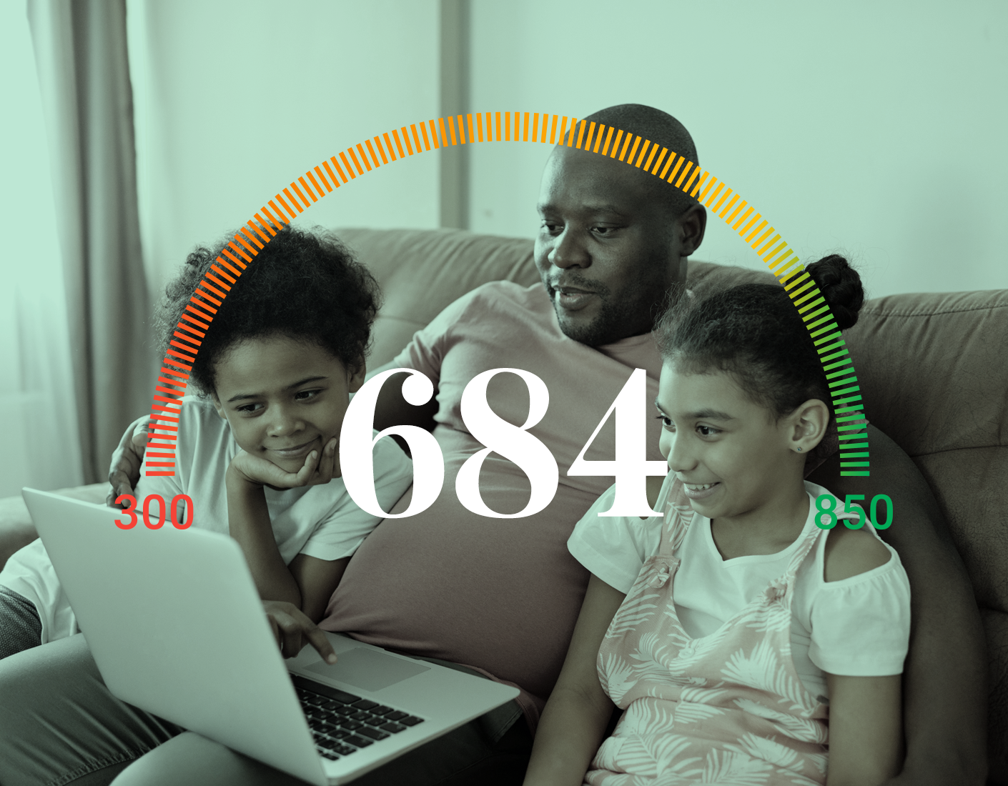 684 credit score in front of family watching on a laptop