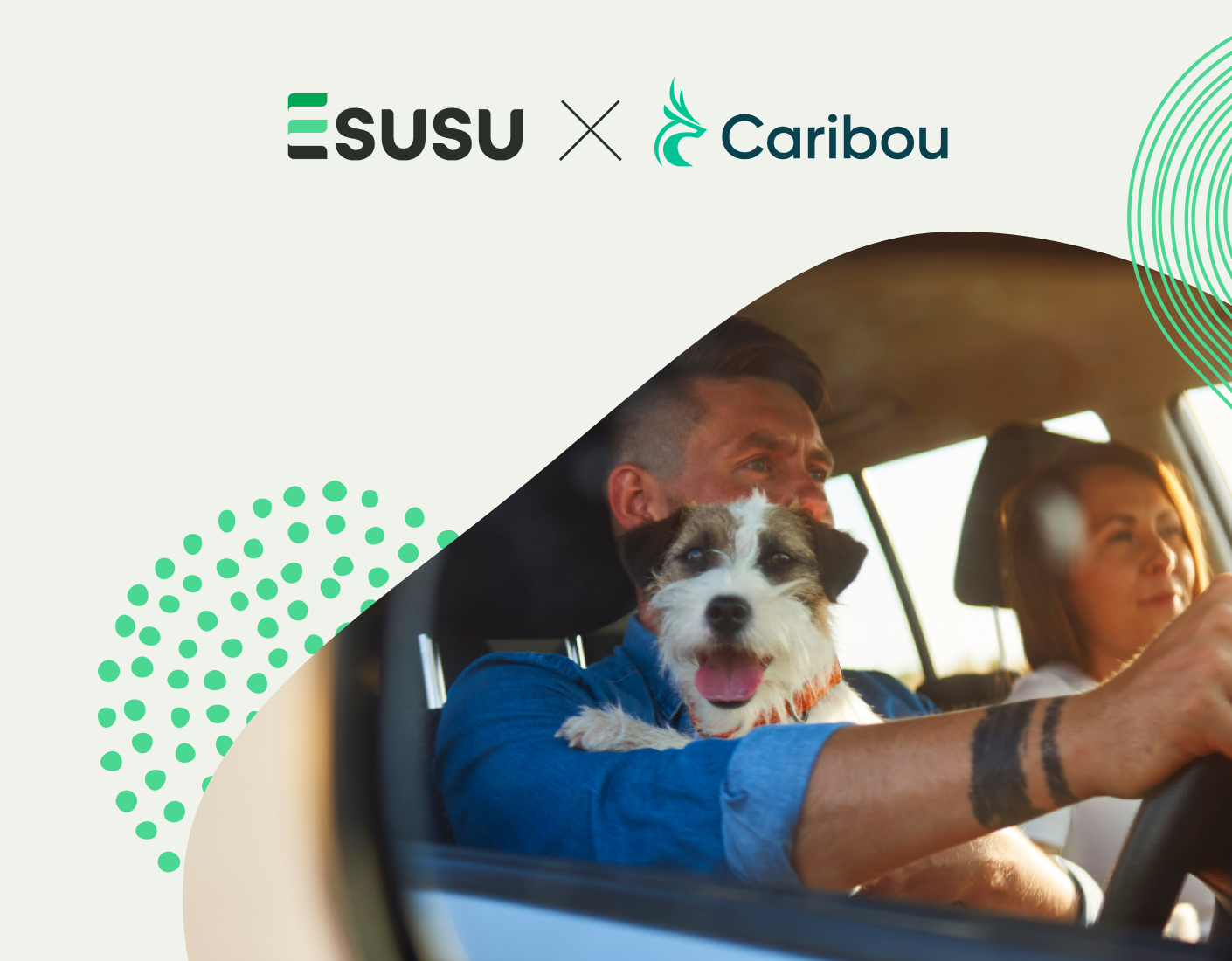 Esusu and Caribou logos over a stylized background of a couple driving in a car with a puppy in their arms.
